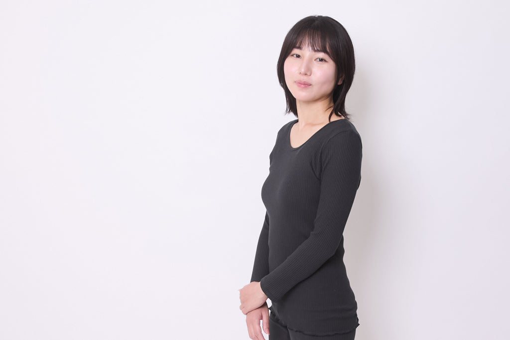 【数量限定＊限定カラー】天衣無縫 オーガニックコットンでつくった リブ長袖シャツ《 フリーサイズ 》五倍子（ブラック）日本製