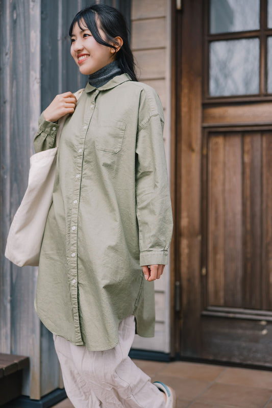 SUN VALLEY（サンバレー）オックス シャツチュニック ＜Mサイズ＞ ホワイト/ソフトカーキ 日本製品染 SKT003008