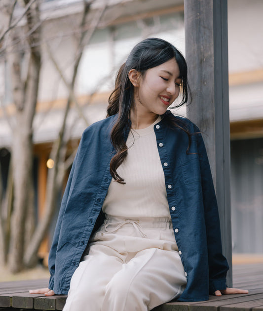 SUN VALLEY（サンバレー）オックス スタンドカラーシャツ ＜Mサイズ / Lサイズ＞ ホワイト/ネイビー 日本製品染 SKT005000