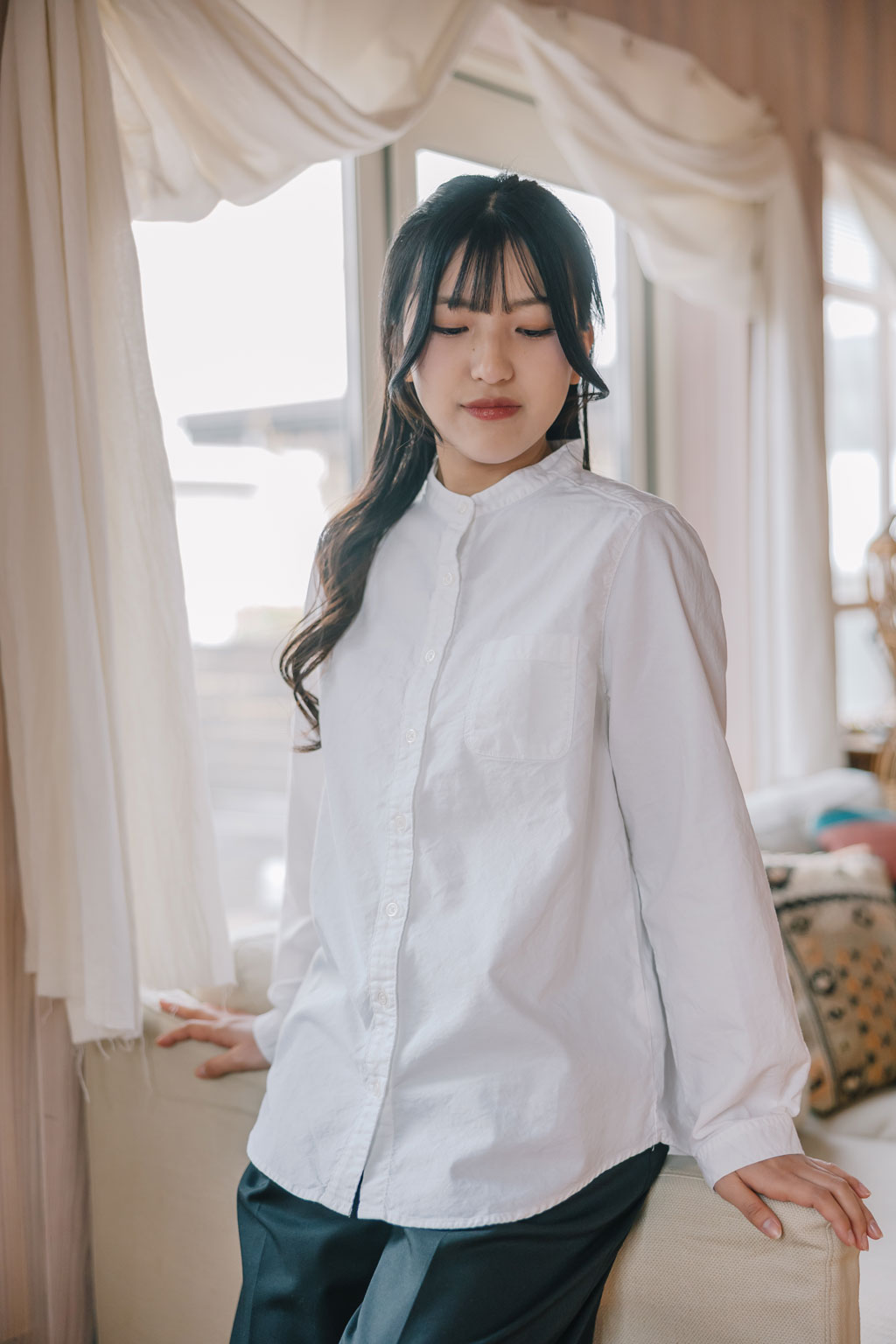 SUN VALLEY（サンバレー）オックス スタンドカラーシャツ ＜Mサイズ / Lサイズ＞ ホワイト/ネイビー 日本製品染 SKT005000