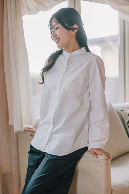 SUN VALLEY（サンバレー）オックス スタンドカラーシャツ ＜Mサイズ / Lサイズ＞ ホワイト/ネイビー 日本製品染 SKT005000