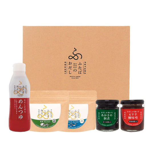 ふたばのおだし 詰合せ4640【 選べるだしパック2袋・めんつゆ・あおさの佃煮・鯛味噌 】
