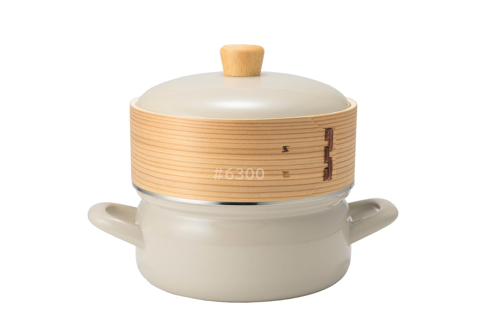 FUJIHORO（富士ホーロー）せいろ付き（1段） ホーロー鍋 18cm ホワイト/グレージュ