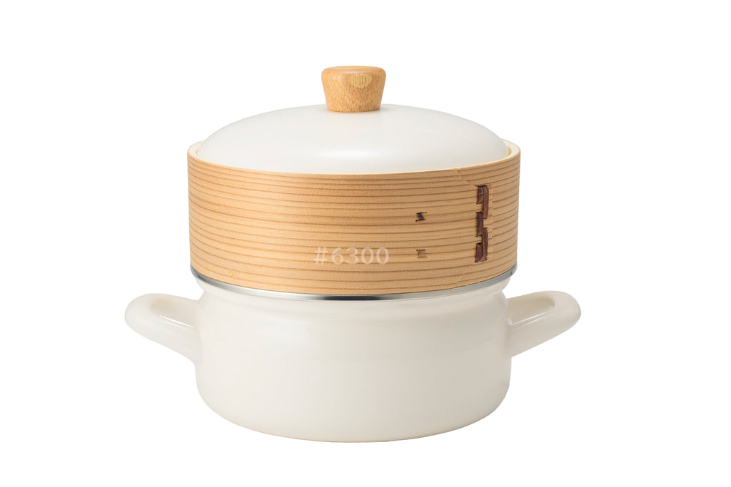 FUJIHORO（富士ホーロー）せいろ付き（1段） ホーロー鍋 18cm ホワイト/グレージュ