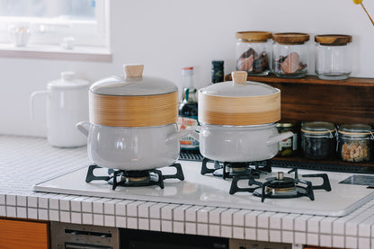 FUJIHORO（富士ホーロー）せいろ付き（1段） ホーロー鍋 18cm ホワイト/グレージュ